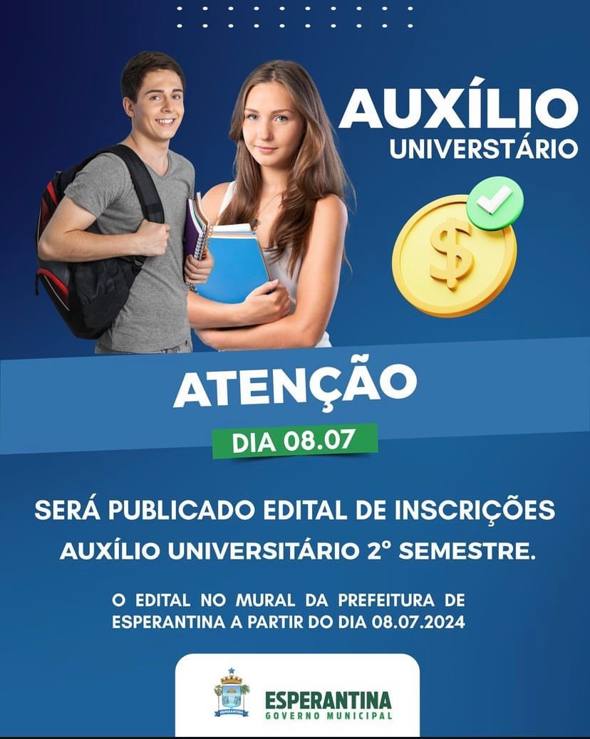 Prefeitura de Esperantina anuncia edital de inscrições para auxílio universitário do 2º semestre